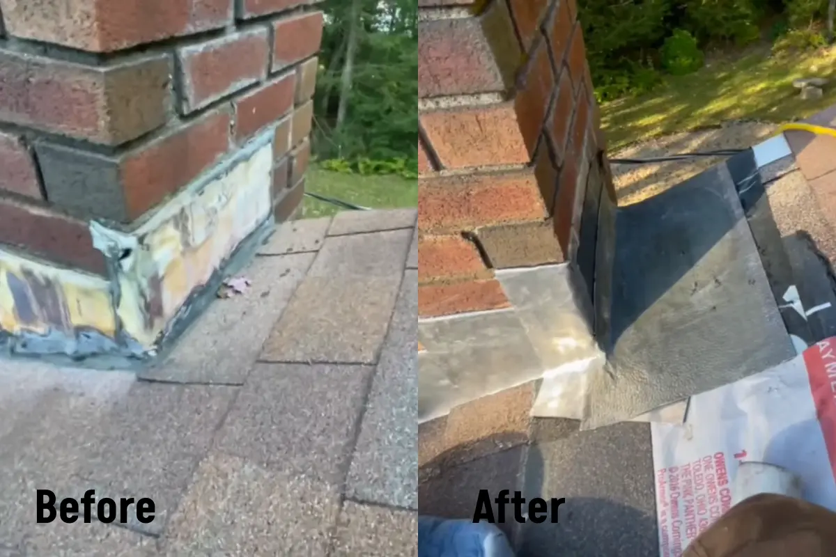 Chimney leak repaired by our crew, before and after