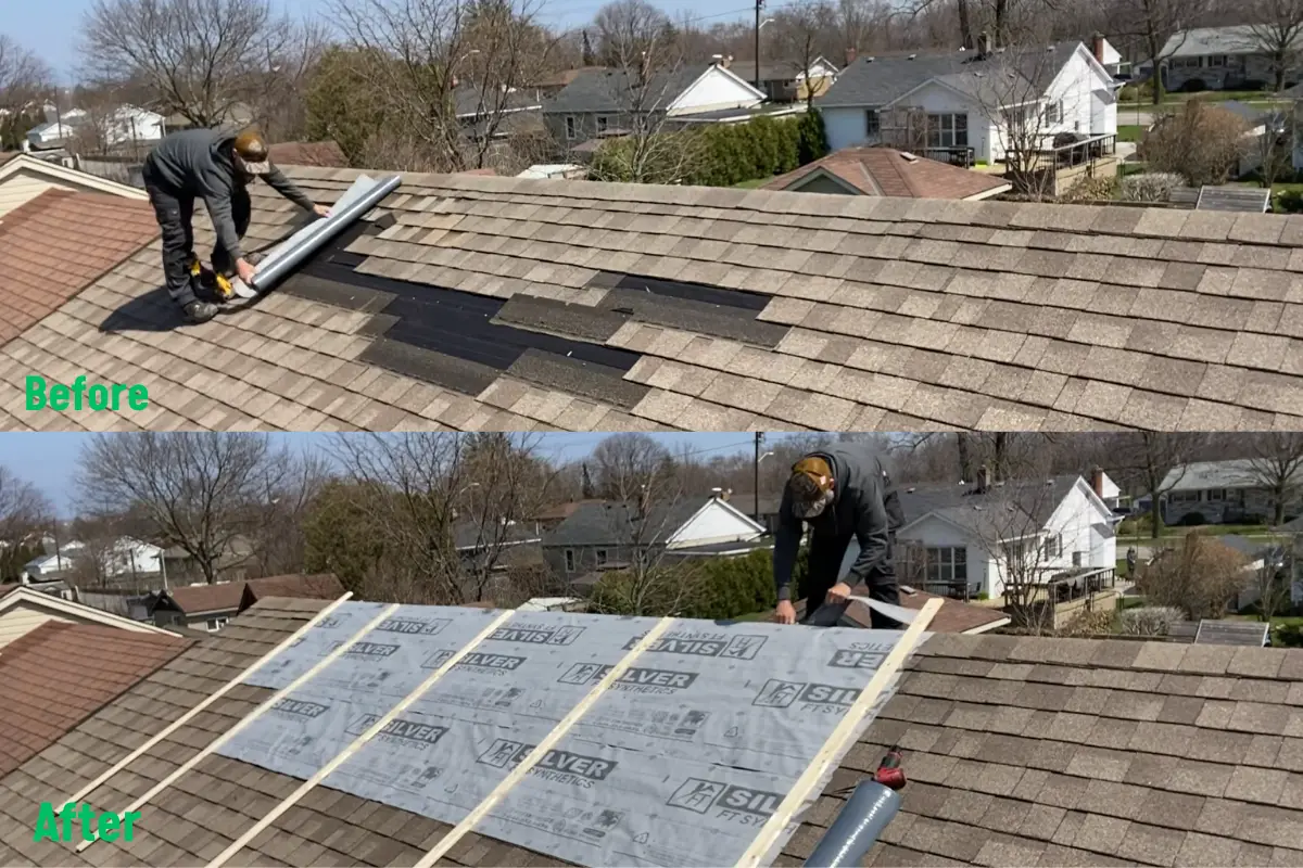 Before and after split showing damaged asphalt shingles being removed and a new protective synthetic underlayment installed by roofers in Sunnyvale, CA