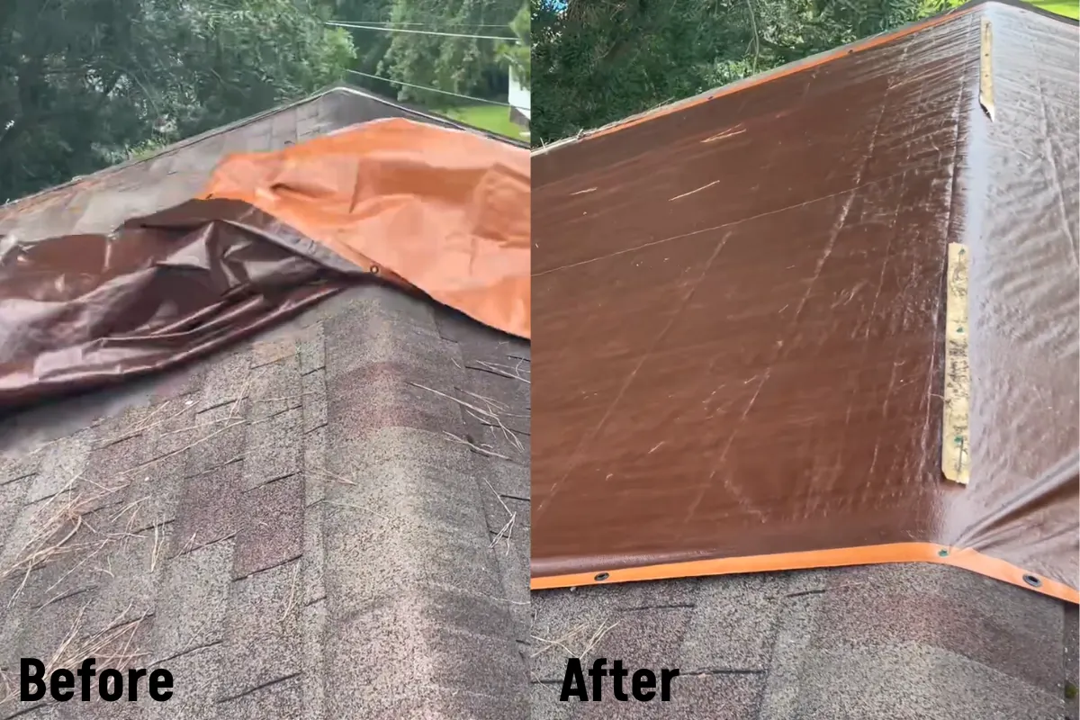 Emergency roof tarping before and after by our crew