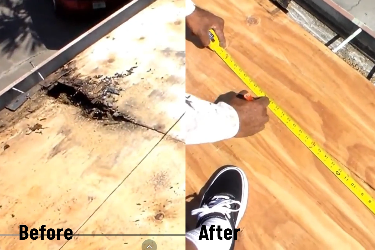 Flat roof patch repair before and after by our crew