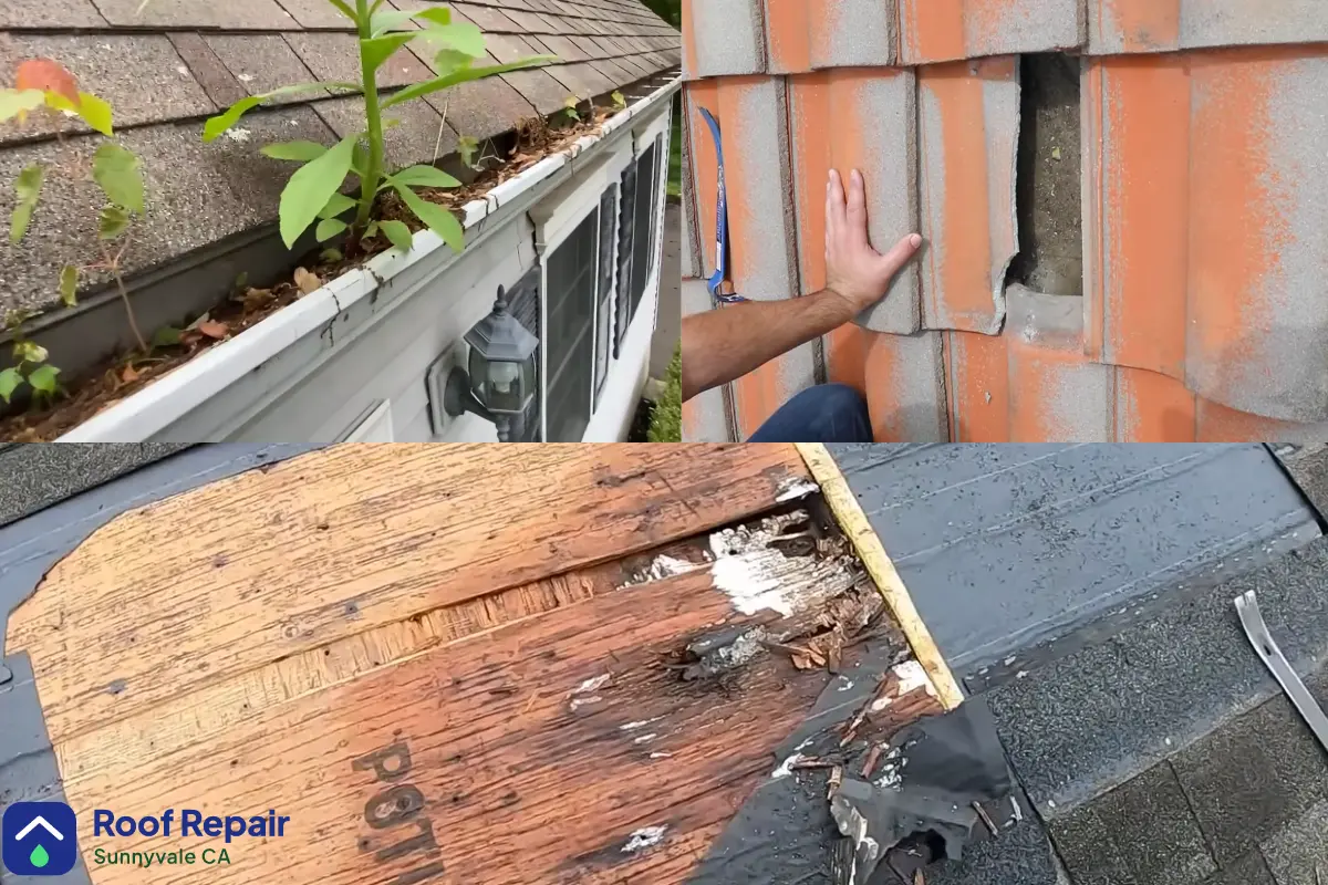 Collage showing roof issues: plants growing in clogged gutters, a broken orange tile, and rotted wood roof decking