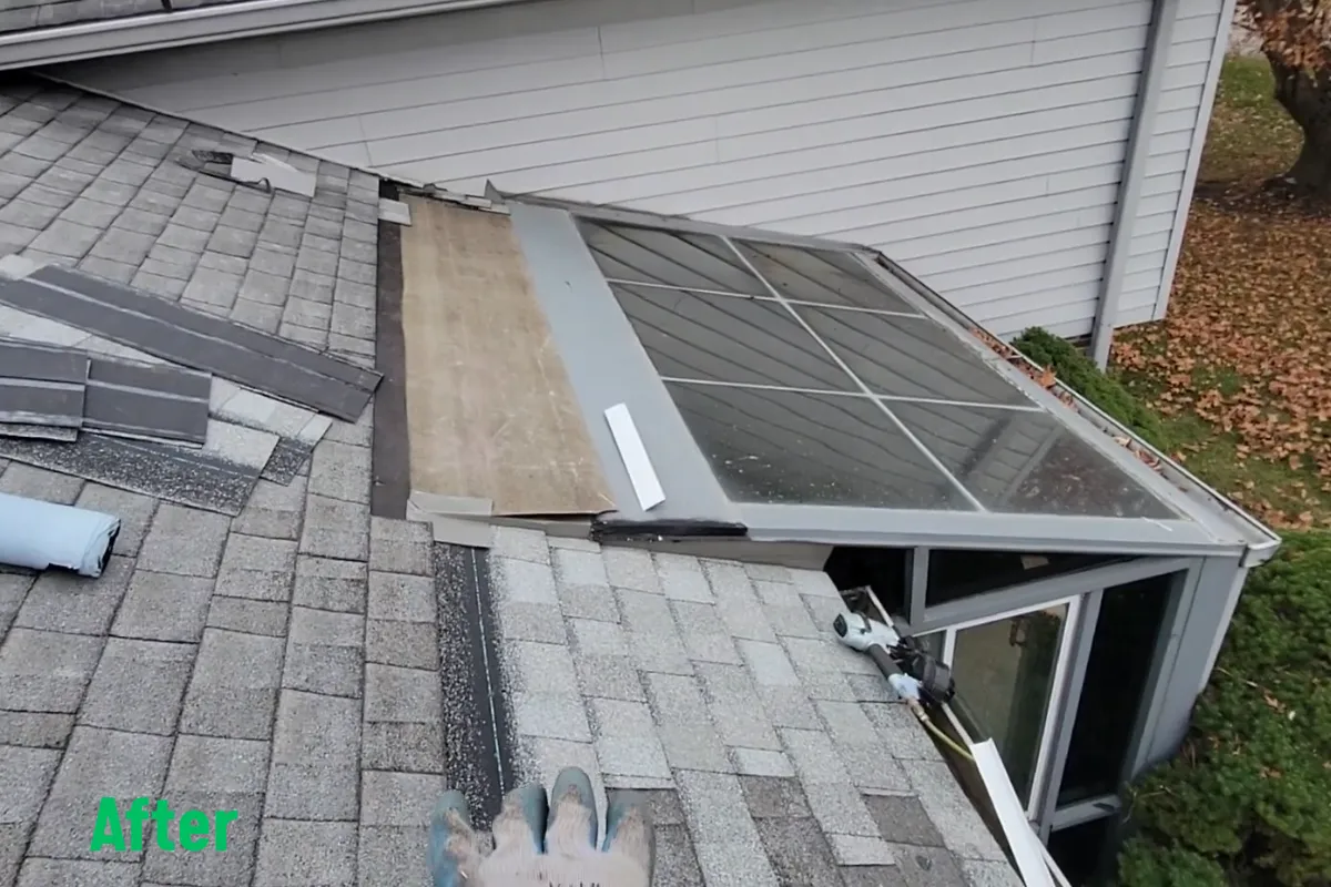 Newly installed underlayment, clean metal flashing, and prepared shingle area during sunroom roof repair in Sunnyvale, CA