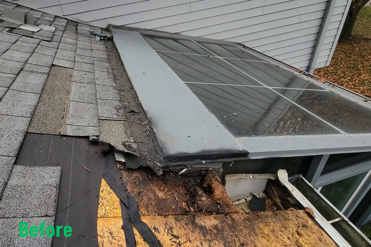 Exposed rotted wood decking and damaged shingle underlayment near sunroom roof flashing before repair in Sunnyvale, CA