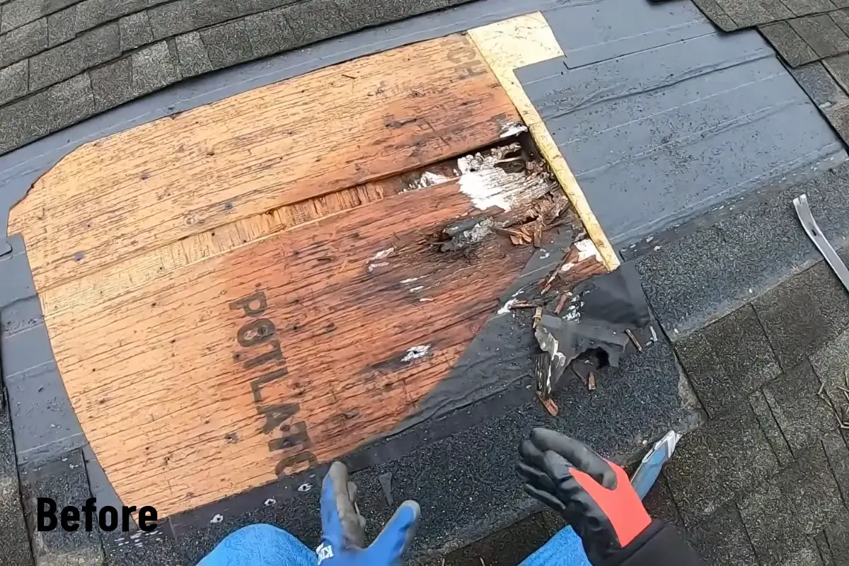 Damaged plywood roof decking and torn underlayment exposed before a leak repair