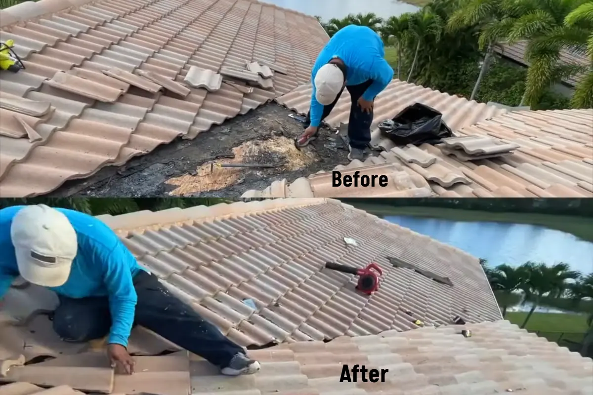 Roof repair work on a home in the Murphy area, before and after, by our crew