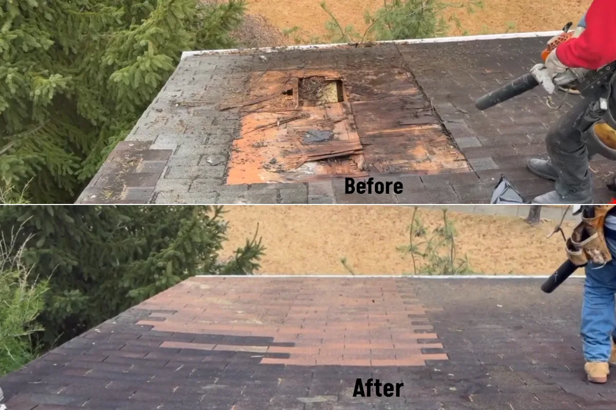 Asphalt shingle roof before and after repair by our team on a Central Sunnyvale home