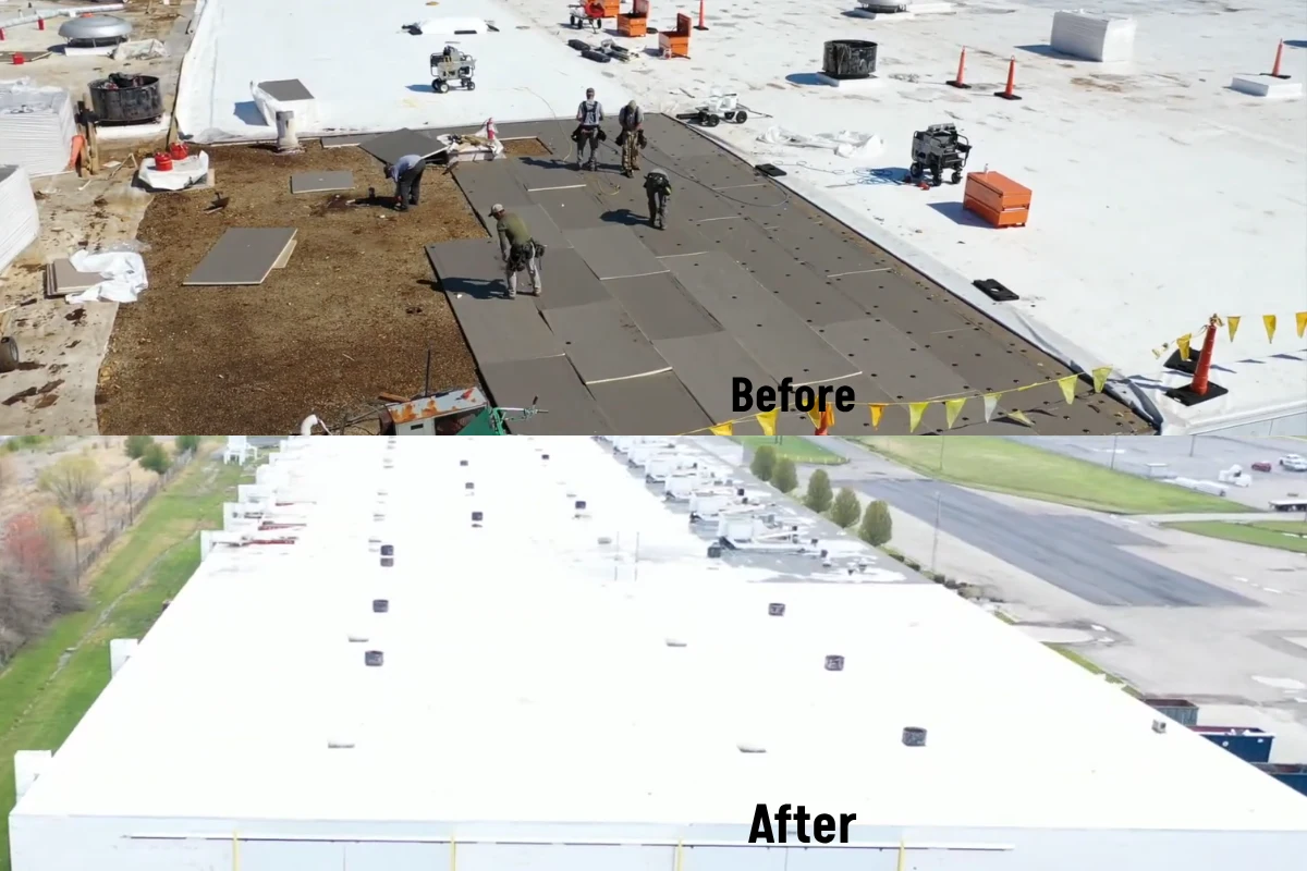 Roof repair work on a home near Moffett Park in Sunnyvale, before and after, by our crew